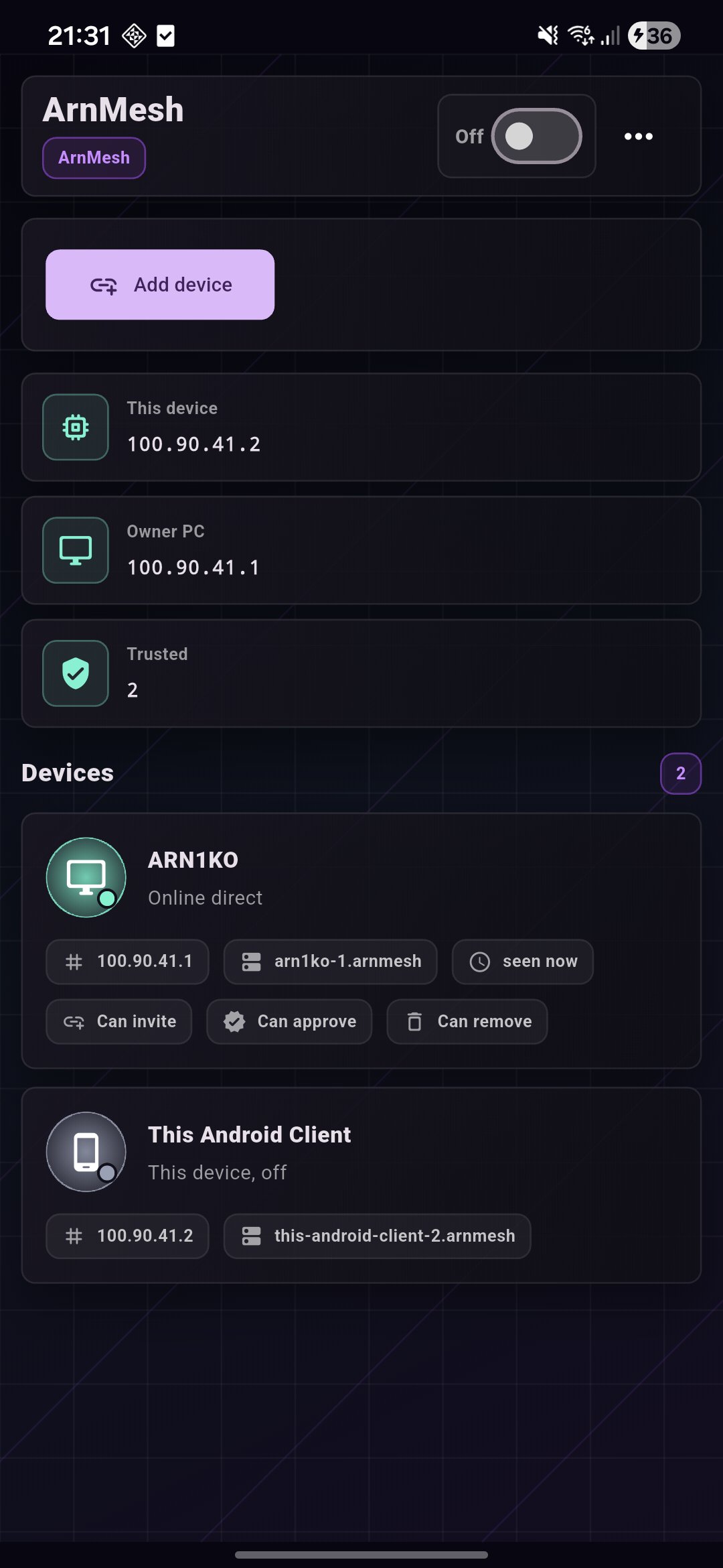 Fresh ArnMesh Android screen captured from the connected phone over USB ADB